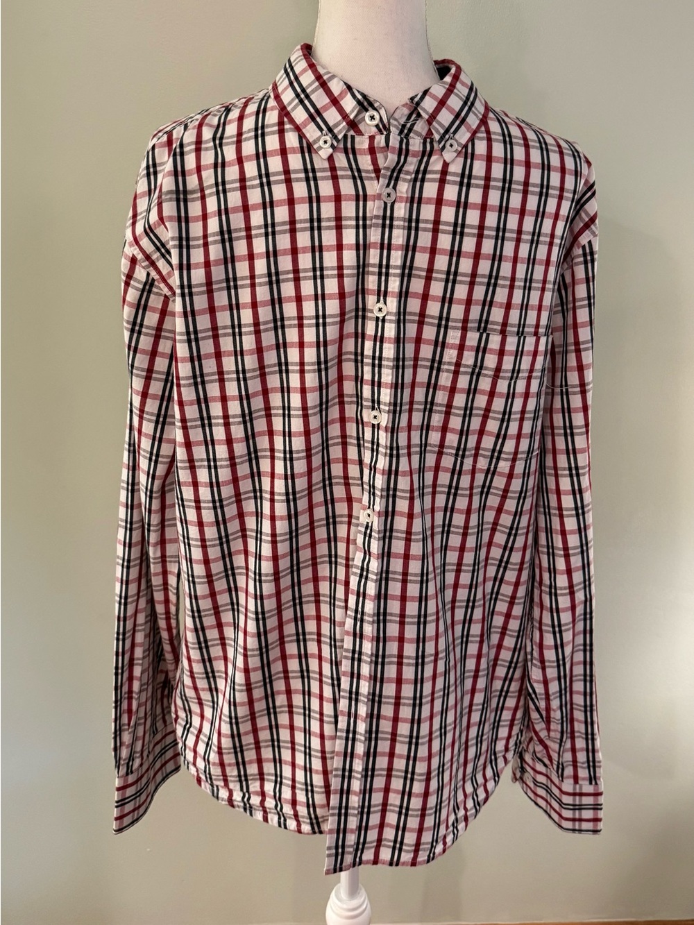 Beverly Hills Polo Club White Red and Black Plaid Button-Down Shirt